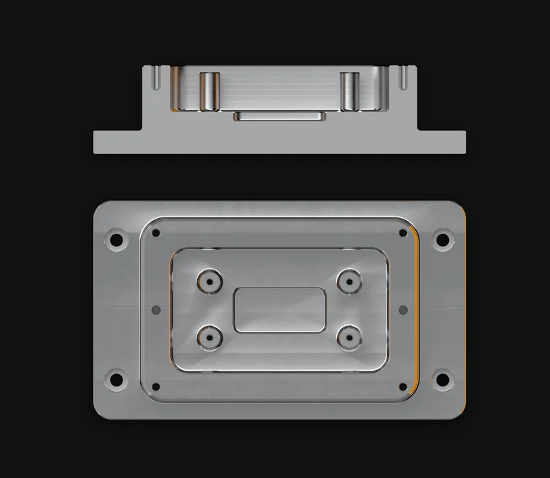 Rendering eines Beispielteils: Draufsicht und Schnitt A–A des Aluminium-Gehäuseunterteils, in Lage und Maßstab deckungsgleich zur Musterzeichnung MUSTER-3A-001